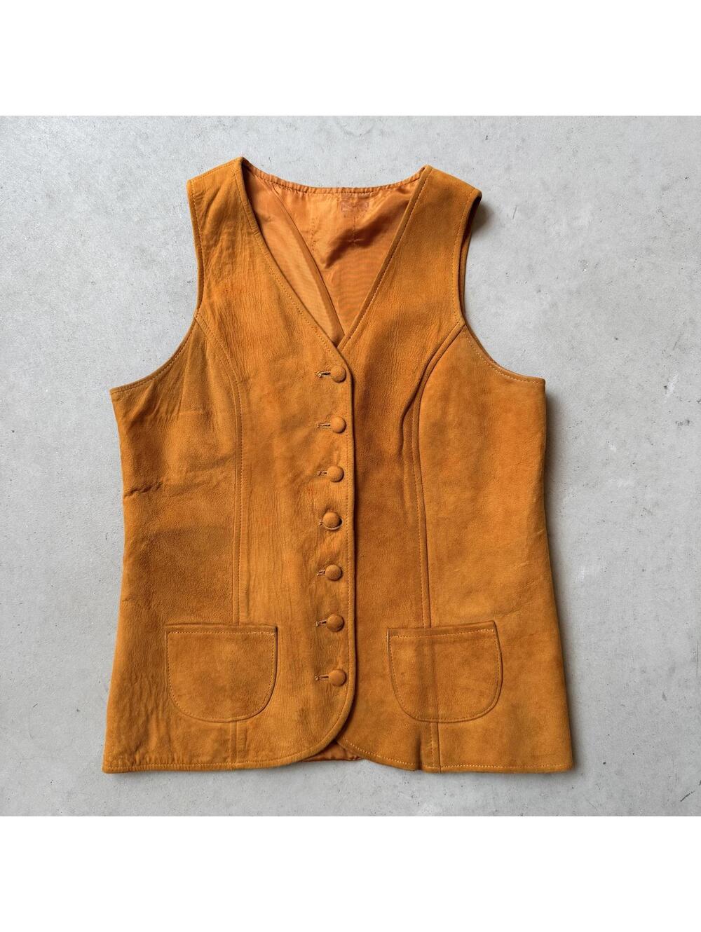 Vintage Suede Button-Up Vest Western Boho Brown Waistcoat 70s Fall Yellow Orange